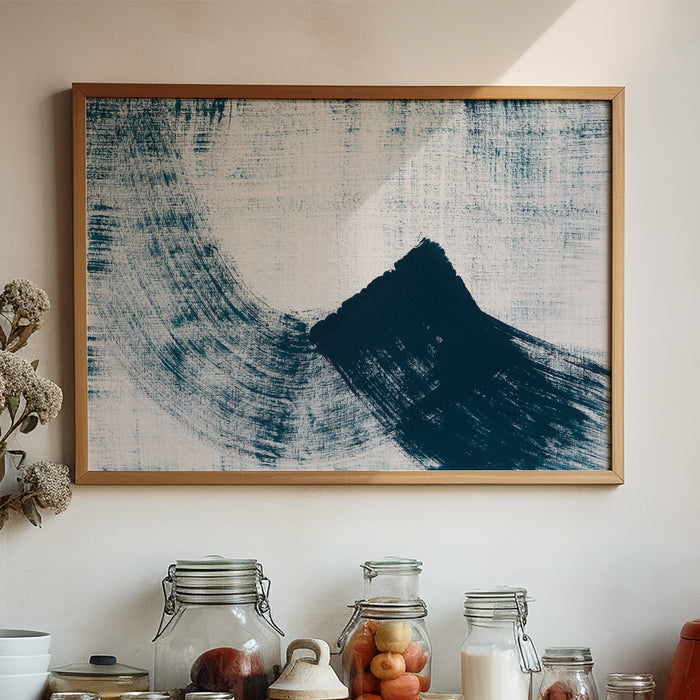 A framed abstract line art print inspired by ocean waves, in a kitchen, featuring deep blue and black hues on a white background, with a minimalist design.