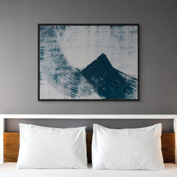 A framed abstract line art print inspired by ocean waves, above a wooden ben, featuring deep blue hues on a white background, with a minimalist design.