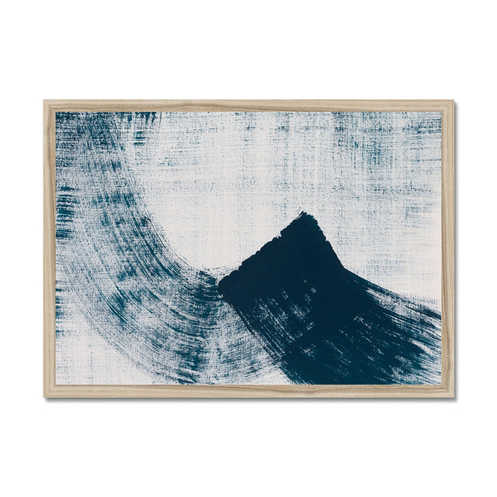 A framed abstract line art print inspired by ocean waves, featuring deep blue and black hues on a white background, with a minimalist design.