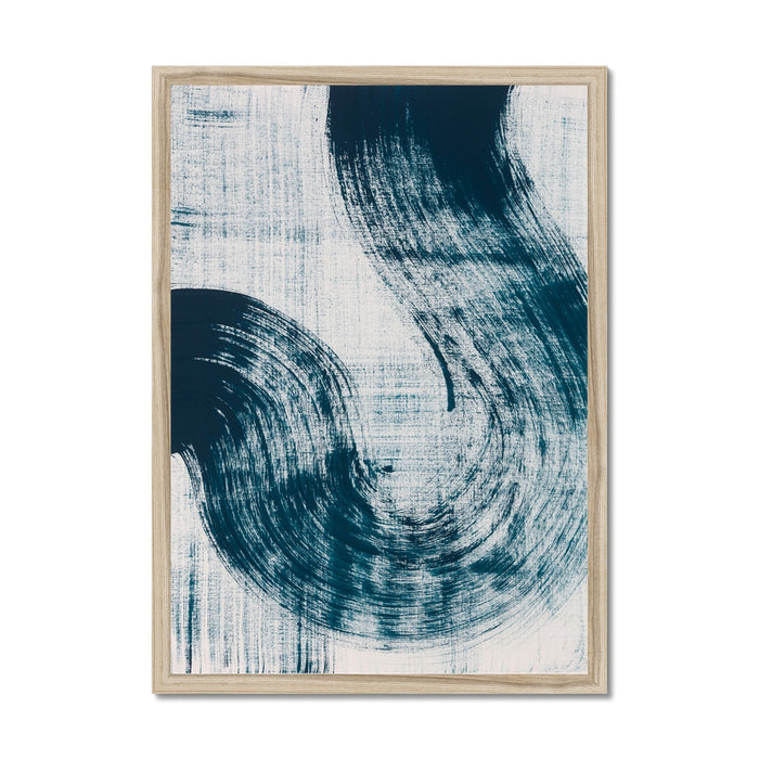 A framed abstract line art print featuring sweeping blue strokes on a white background, presented in a wooden frame.