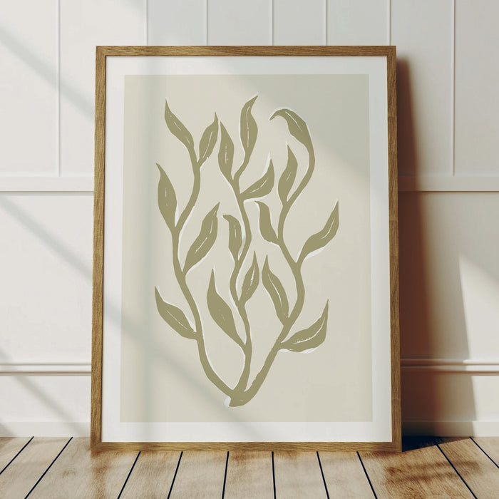 Framed lino cut botanical print in neutral colours.