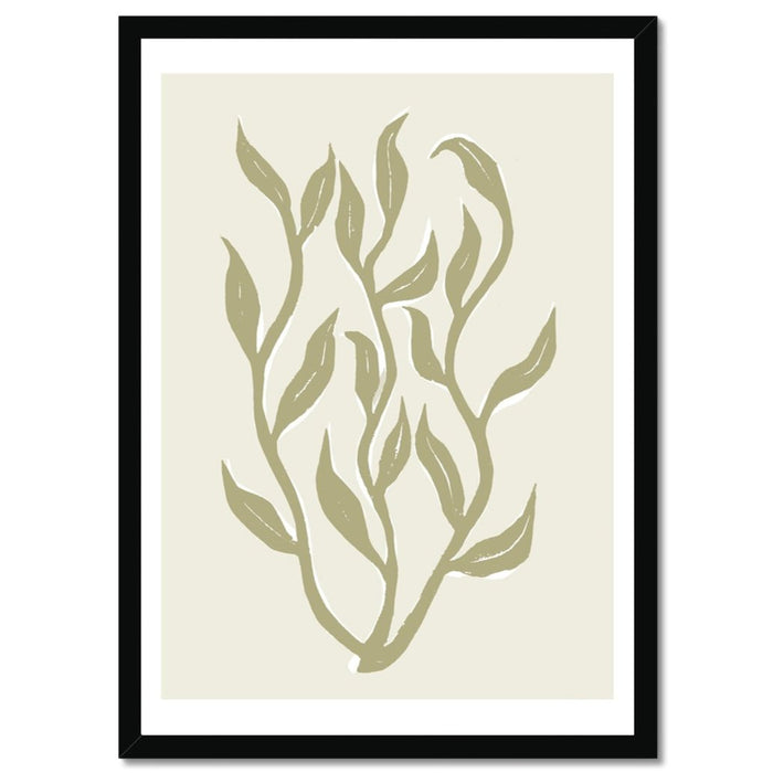 Framed art print of abstract seaweed in neutral tones, displayed in a vertical wooden frame.