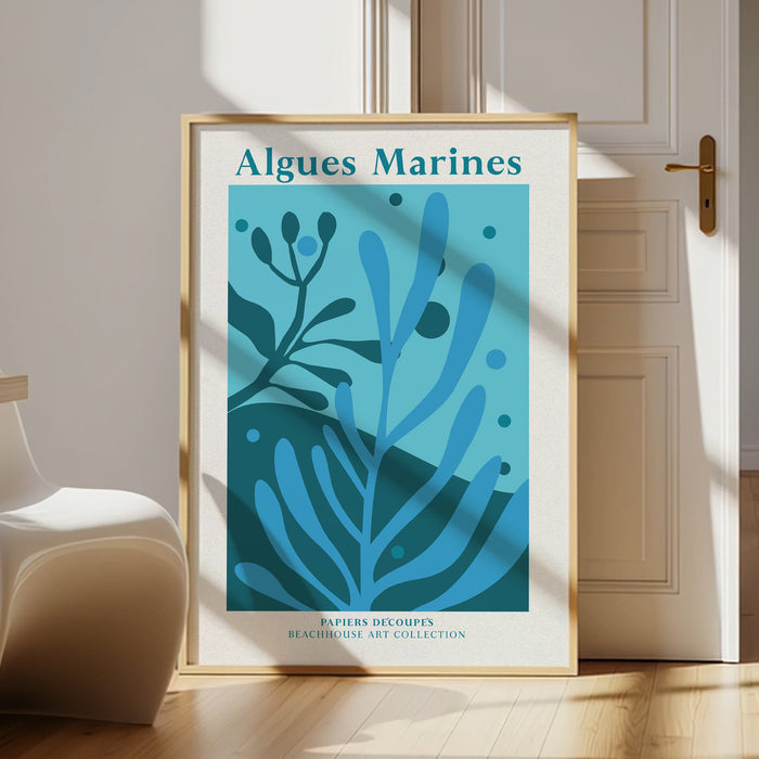 blue seaweed print framed with a natural wood frame