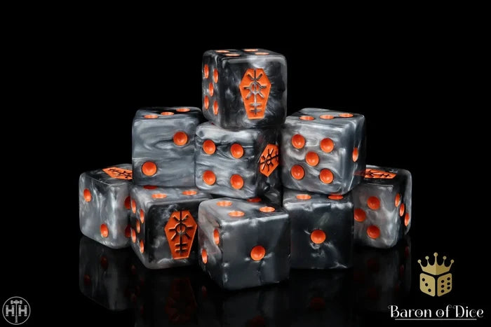 Baron Of Dice: 16mm D6, Day Of The Dead Orange Coffin Square Dice 25pcs 16mm D6 Designs Baron of Dice