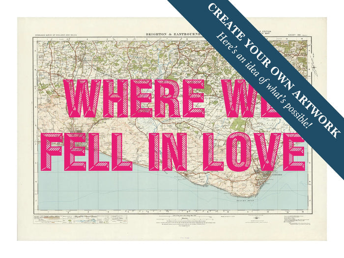 Custom Map Print of Brighton | Personalised Map Print | Map prints in pink font - Framed wall art