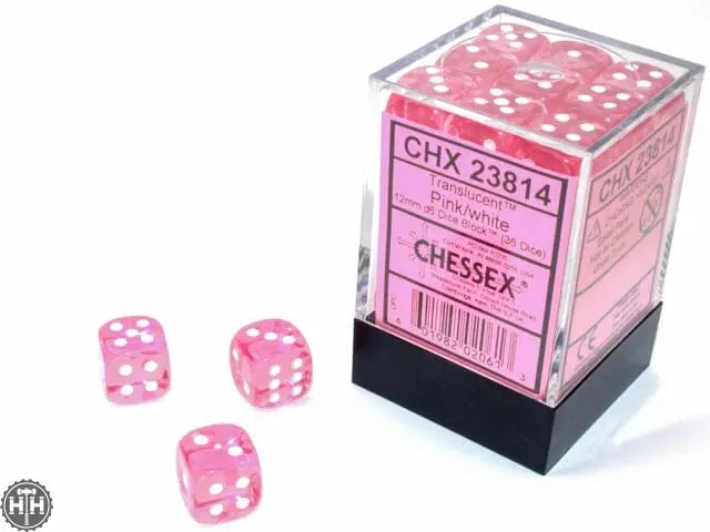 Chessex Translucent Pink/white 12mm d6 Dice Block (36 dice) 12mm Dice Chessex