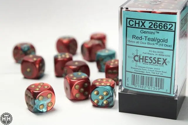 Chessex Gemini 16mm d6 Red-Teal/gold Dice Block (12 dice) 16mm Dice Chessex