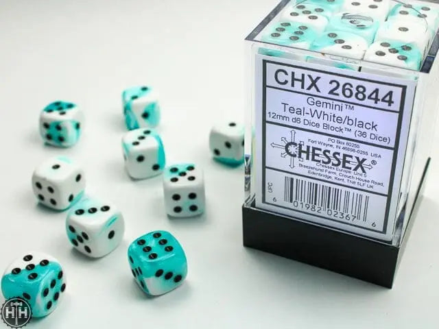 Chessex Gemini 12mm d6 Teal-White/black Dice Block (36 dice) 12mm Dice Chessex