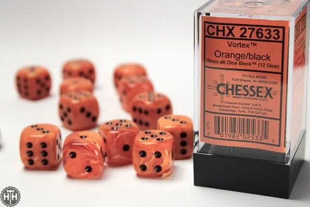Chessex Vortex 16mm d6 Orange/black Dice Block (12 dice) 16mm Dice Chessex