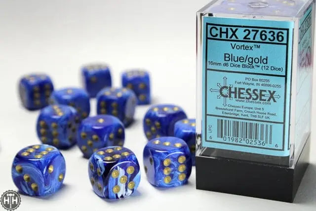 Chessex Vortex 16mm d6 Blue/gold Dice Block (12 dice) 16mm Dice Chessex