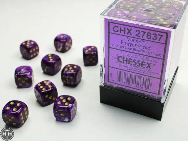Chessex Vortex 12mm d6 Purple/gold Dice Block (36 dice) 12mm Dice Chessex