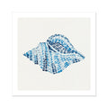 Conch shell painting with layered blue brushstrokes on a neutral background, contemporary coastal wall art