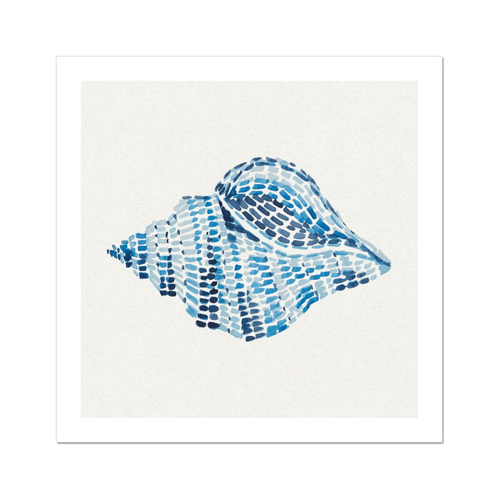 Conch shell painting with layered blue brushstrokes on a neutral background, contemporary coastal wall art
