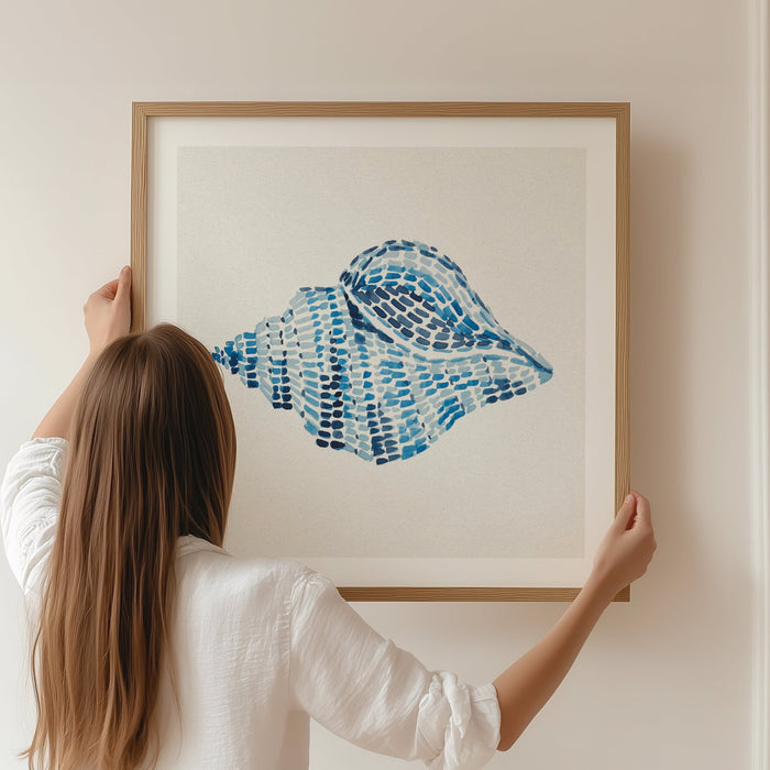 Conch shell painting with layered blue brushstrokes on a neutral background, contemporary coastal wall art