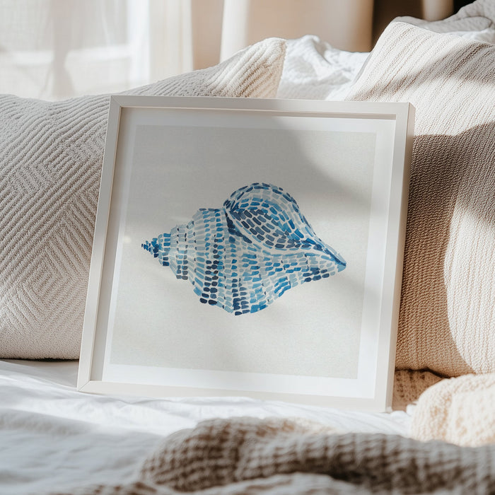 Conch shell painting with layered blue brushstrokes on a neutral background, contemporary coastal wall art in bedroom