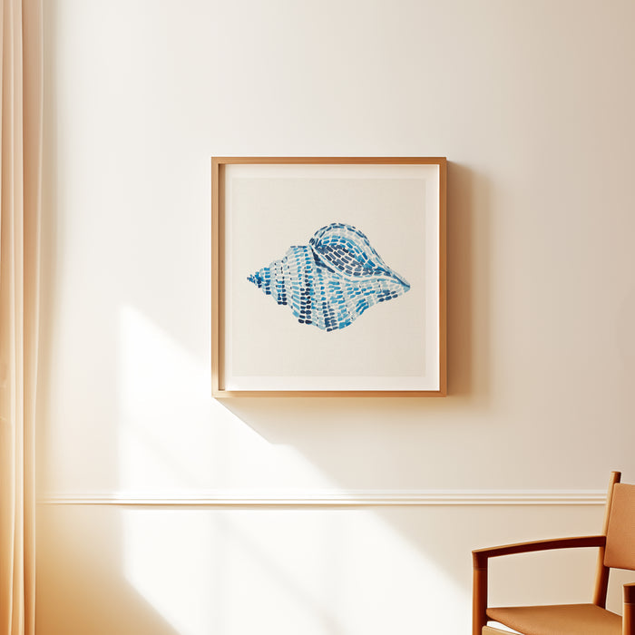 Conch shell painting with layered blue brushstrokes on a neutral background, contemporary coastal wall art