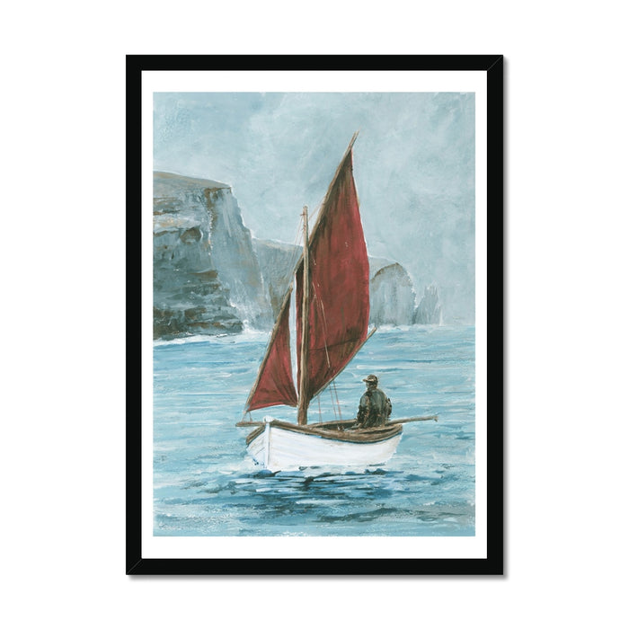 Framed artwork of a sailboat with a red sail on a body of water. Cornish Sea Painting
