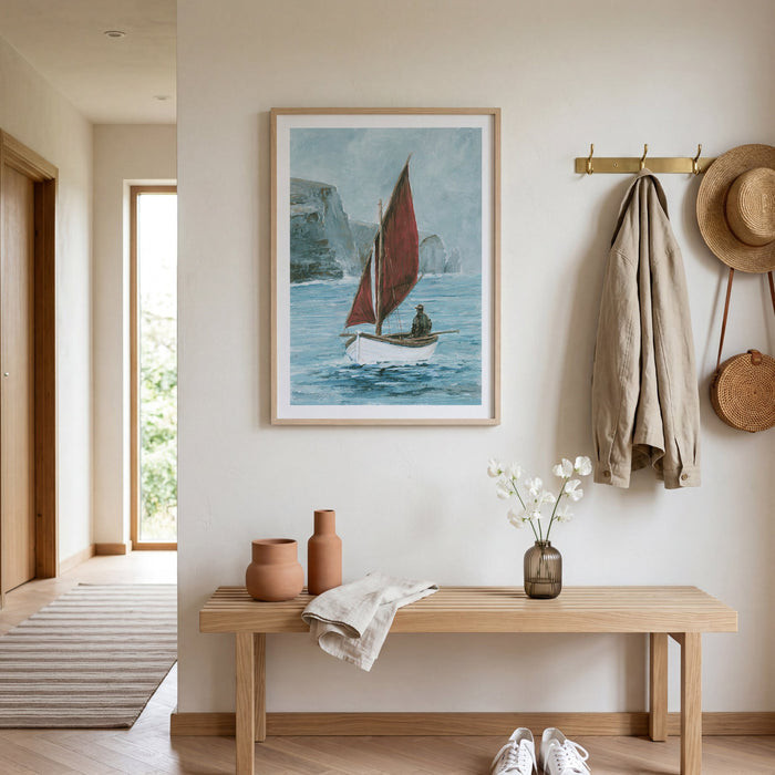 Coastal interior with boat painting, wooden bench, wall art, and shoes on a striped rug.