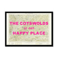 Map print of The Cotswolds with text 'The Cotswolds is our happy place' in pink on a white background