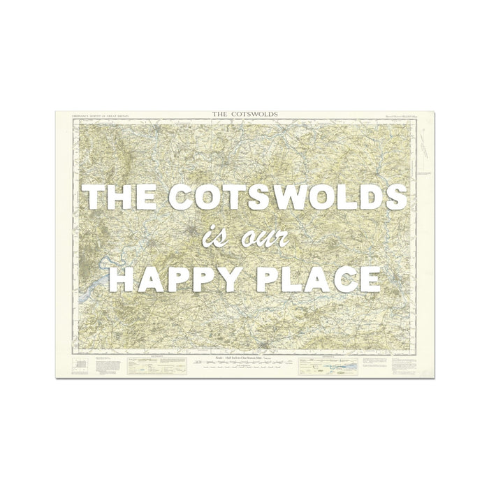 Map of The Cotswolds with text 'The Cotswolds is our happy place' on a white background