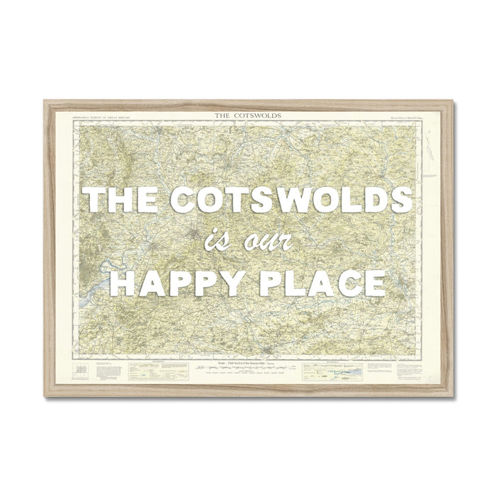 Framed map with 'The Cotswolds is our happy place' text on a white background