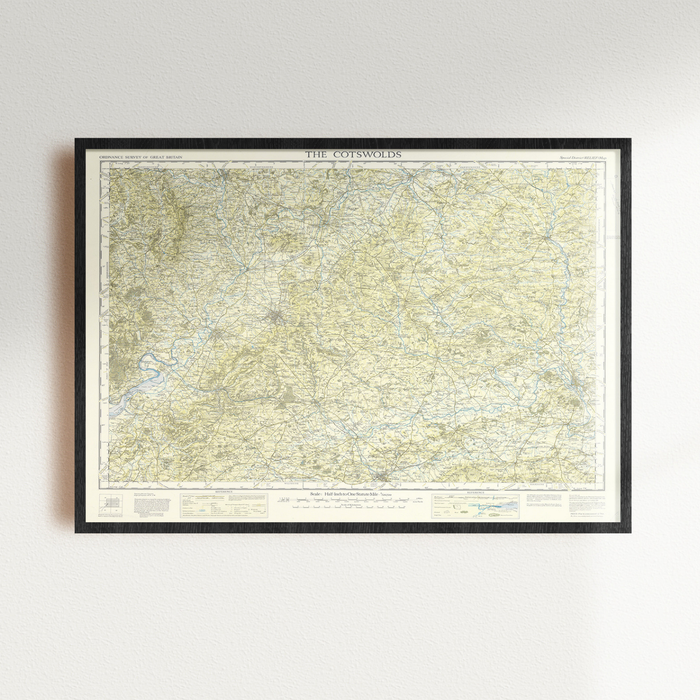 Framed vintage map of The Cotswolds on a white wall