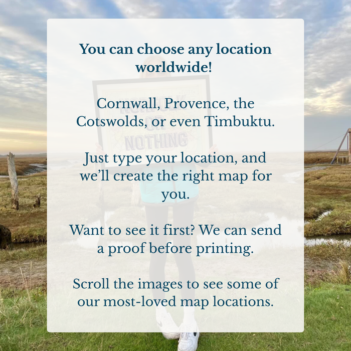Custom map print explanation text overlay on a scenic landscape with a person standing in a field.