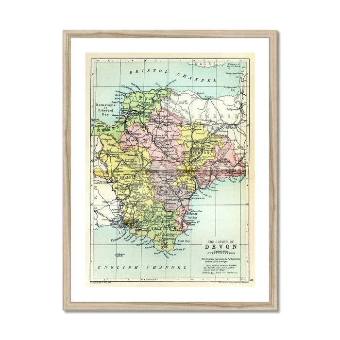 Framed vintage Devon map print of the county of Devon in pastel colours.
