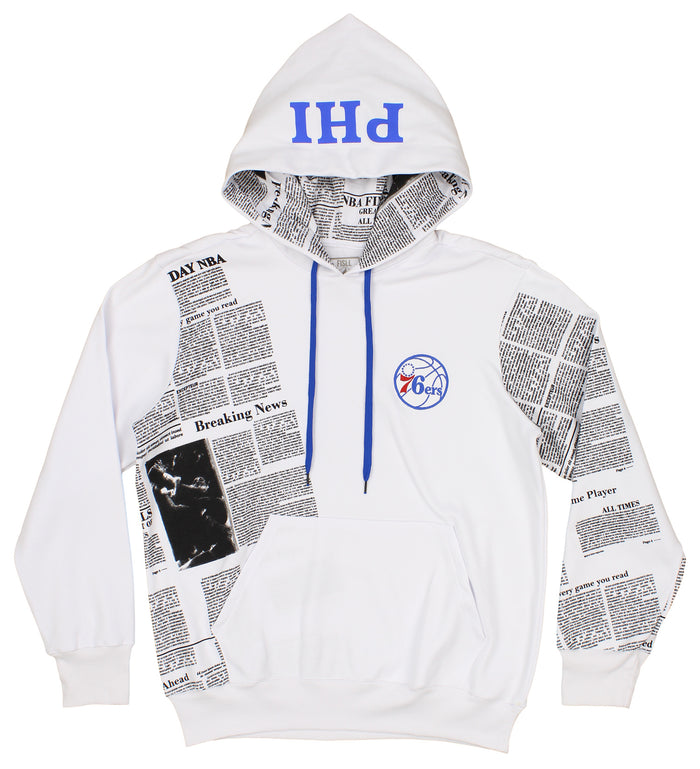 FISLL NBA Men's Philadelphia 76ers Breaking News Newspaper Print Hoodie, White