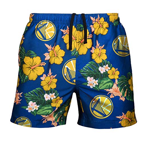FOCO NBA Golden State Warriors Mens Team Logo Floral Hawaiian Swim Suit Trunks, Team Color