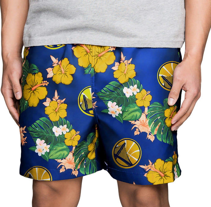 FOCO NBA Golden State Warriors Mens Team Logo Floral Hawaiian Swim Suit Trunks, Team Color