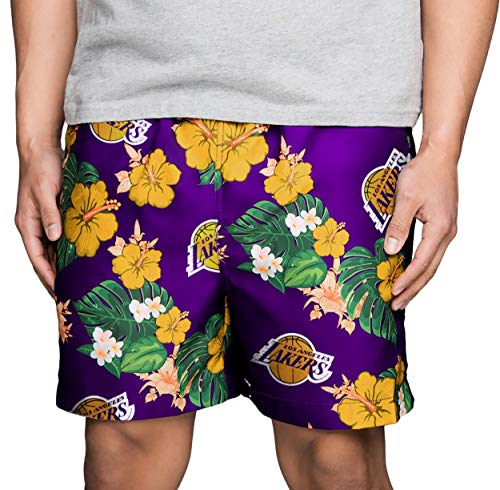 FOCO NBA Los Angeles Lakers Mens Team Logo Floral Hawaiian Swim Suit Trunks, Team Color