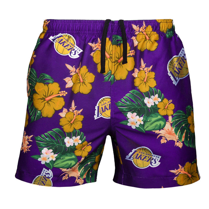 FOCO NBA Los Angeles Lakers Mens Team Logo Floral Hawaiian Swim Suit Trunks, Team Color