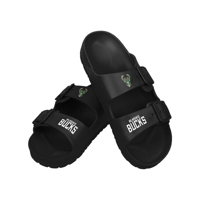 FOCO NBA Team Logo Double Buckle Comfortable Slip-On Women's Sandals, Milwaukee Bucks