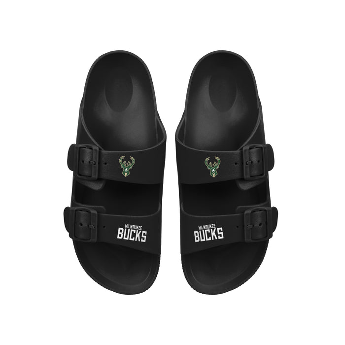 FOCO NBA Team Logo Double Buckle Comfortable Slip-On Women's Sandals, Milwaukee Bucks