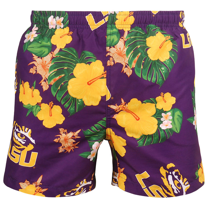 FOCO NCAA LSU Tigers Mens Team Logo Floral Hawaiian Swim Trunks, Team Color