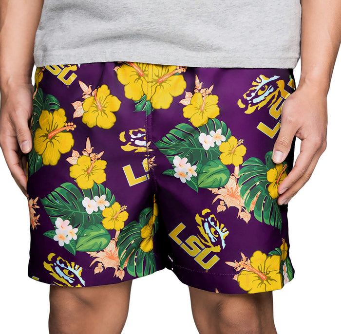 FOCO NCAA LSU Tigers Mens Team Logo Floral Hawaiian Swim Trunks, Team Color