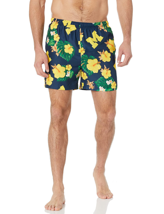 FOCO NCAA Michigan Wolverines Mens Team Logo Floral Hawaiian Swim Trunks, Team Color