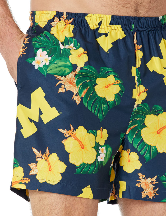 FOCO NCAA Michigan Wolverines Mens Team Logo Floral Hawaiian Swim Trunks, Team Color