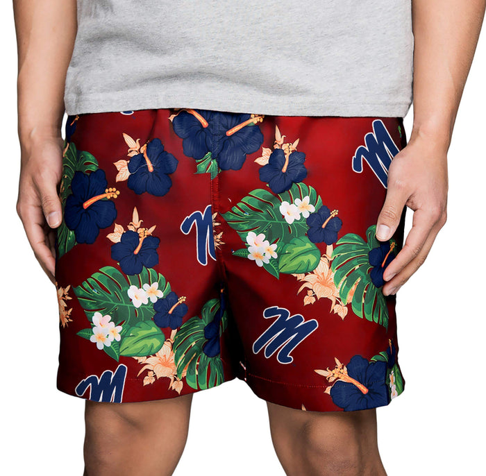 FOCO NCAA Ole Miss Rebels Mens Team Logo Floral Hawaiian Swim Trunks, Team Color