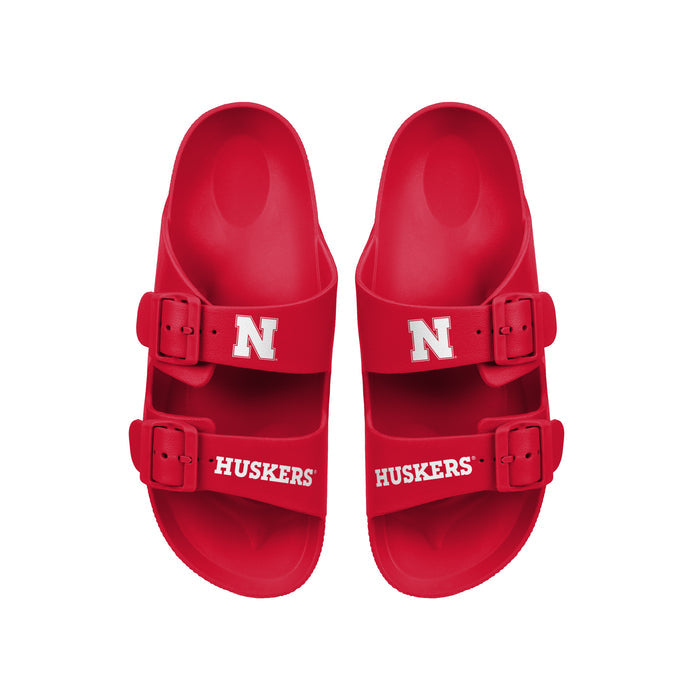FOCO NCAA Team Logo Double Buckle Comfortable Slip-On Women's Sandals, Nebraska Cornhuskers