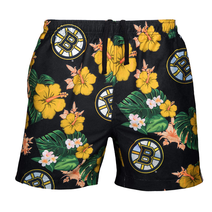 FOCO NHL Boston Bruins Mens Team Logo Floral Hawaiian Swim Suit Trunks, Team Color