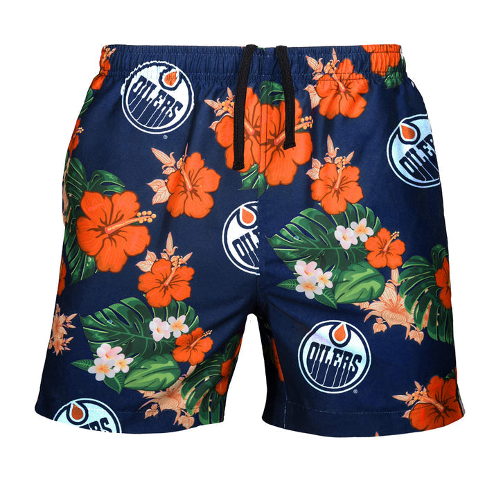 FOCO NHL Edmonton Oilers Team Logo Floral Hawaiian Swim Suit Trunks, Team Color