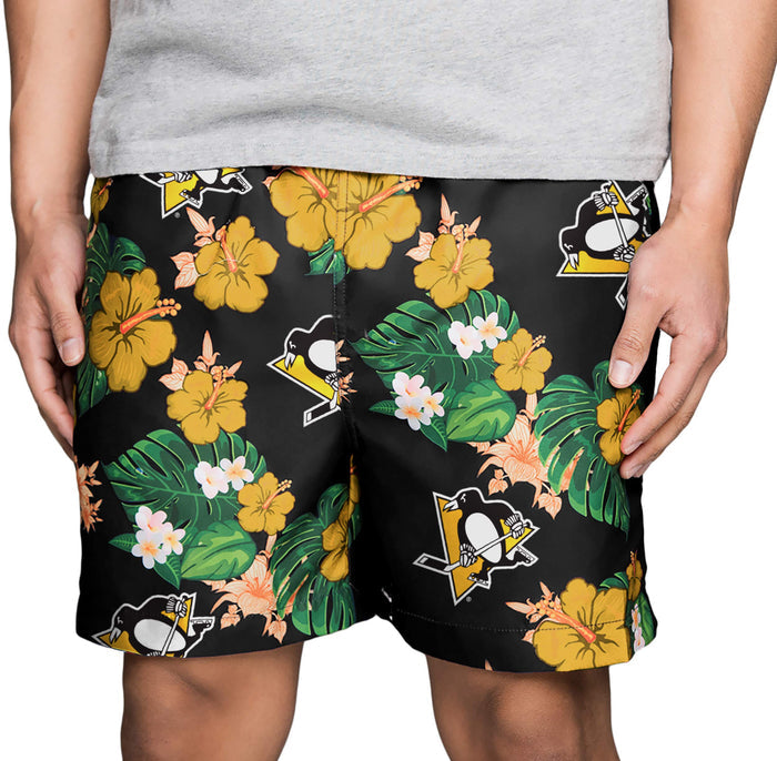 FOCO NHL Pittsburgh Penguins Mens Team Logo Floral Hawaiian Swim Suit Trunks, Team Color