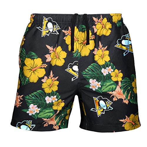 FOCO NHL Pittsburgh Penguins Mens Team Logo Floral Hawaiian Swim Suit Trunks, Team Color