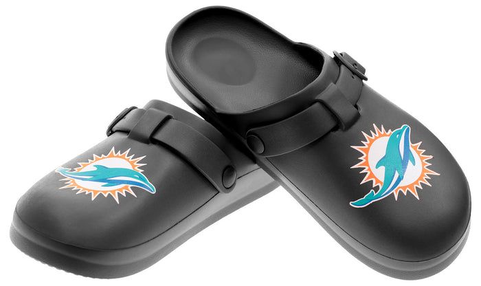 FOCO Open Back Buckle Clog – Comfortable Slip-On Sandals for NFL Fans, Miami Dolphins - Black