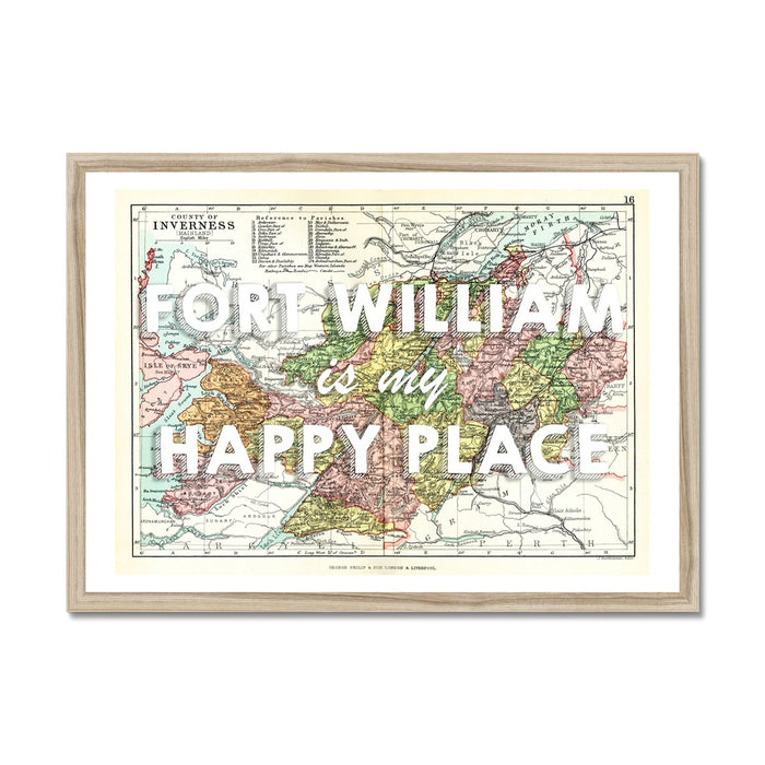 A map print of Fort William Scotland and the surrounding areas, framed with a wood frame.