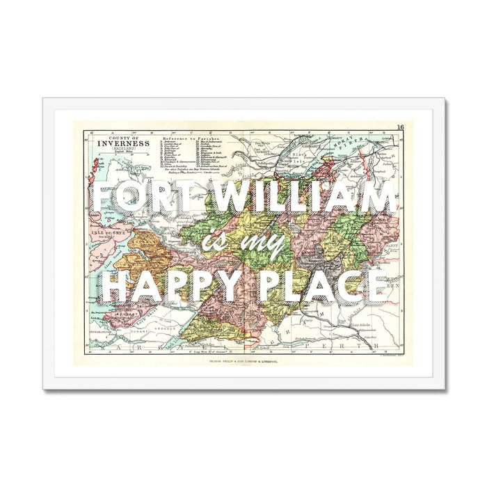 A map print of Fort William Scotland and the surrounding areas, framed with a white frame.