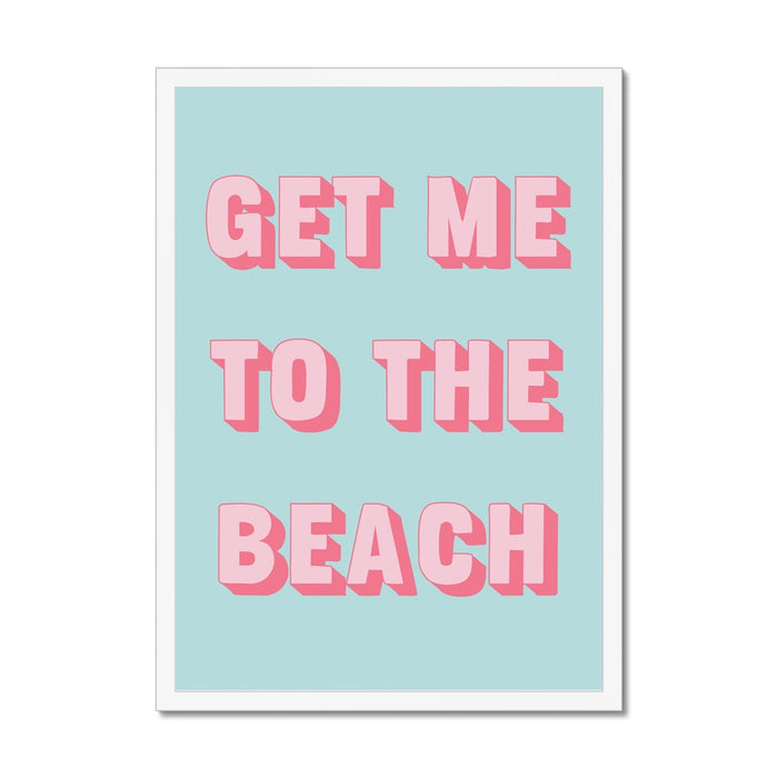 Poster with 'Get me to the beach' text on a light blue background