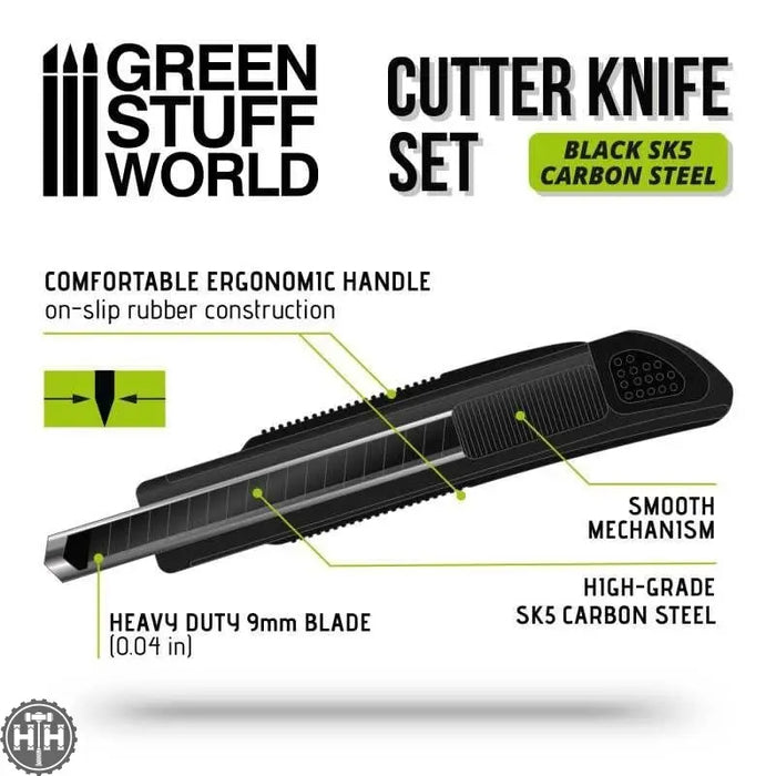 GSW Black Hobby Knife + 10x Black spare blades Hobby Tools Green Stuff World